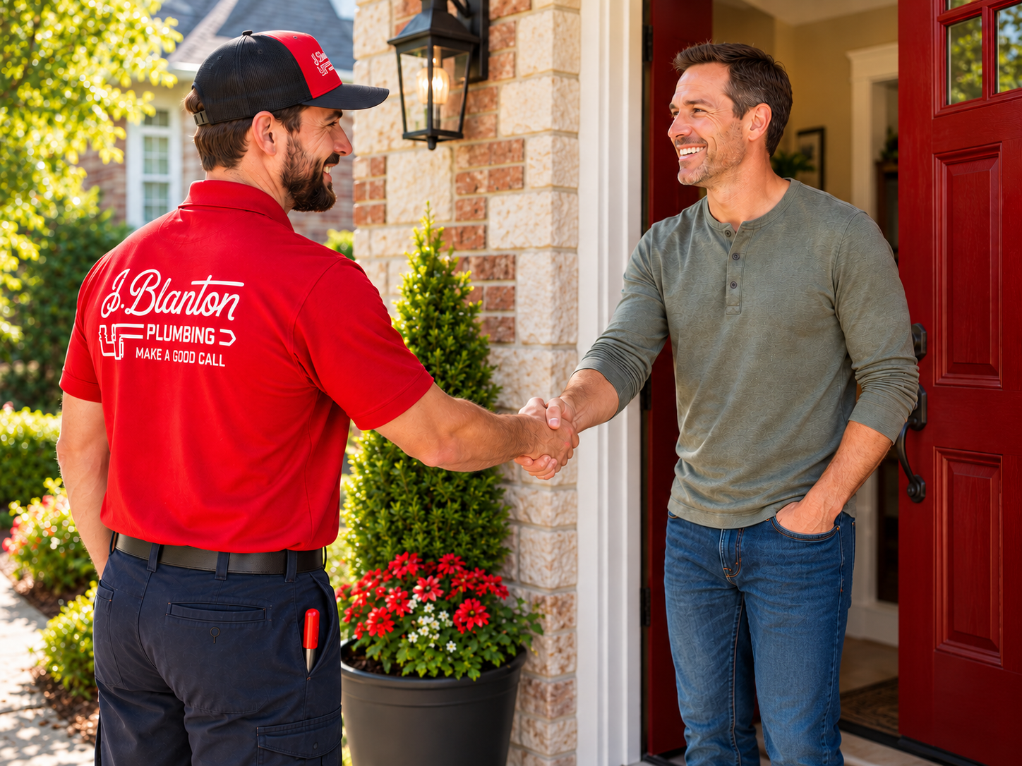 J. Blanton technician in a red uniform shaking hands with a homeowner at a red front door