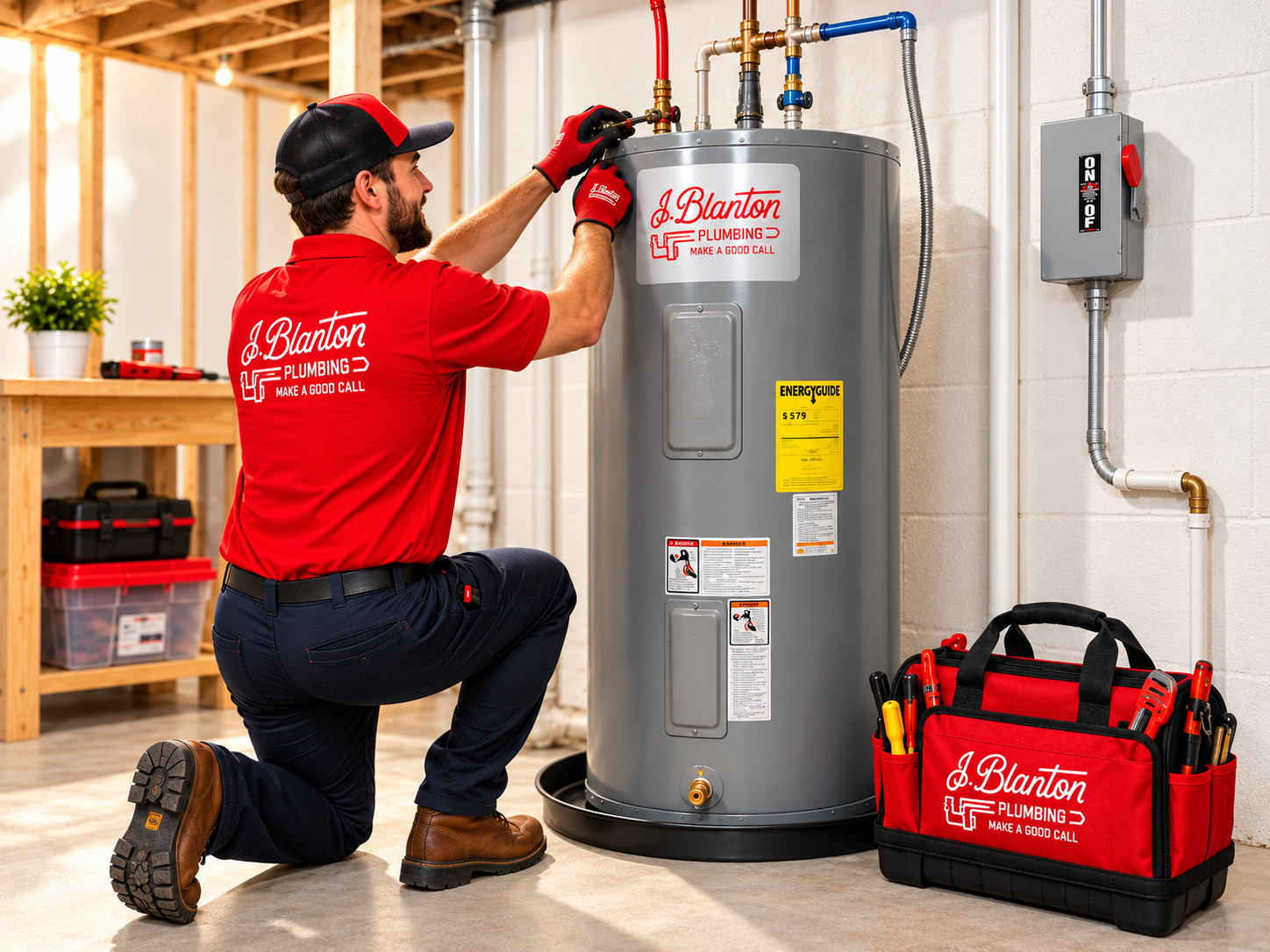 J. Blanton technician in a red uniform servicing a water heater in a clean basement