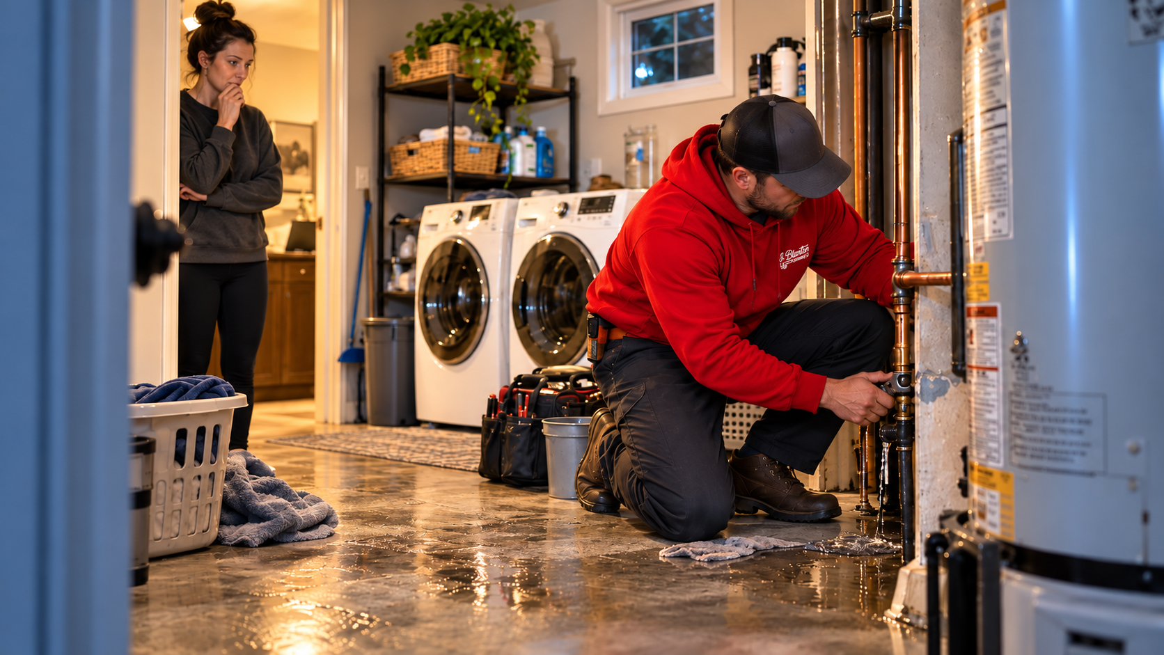 J. Blanton technician in a red hoodie servicing a water heater in a home basement while a homeowner watches from the doorway