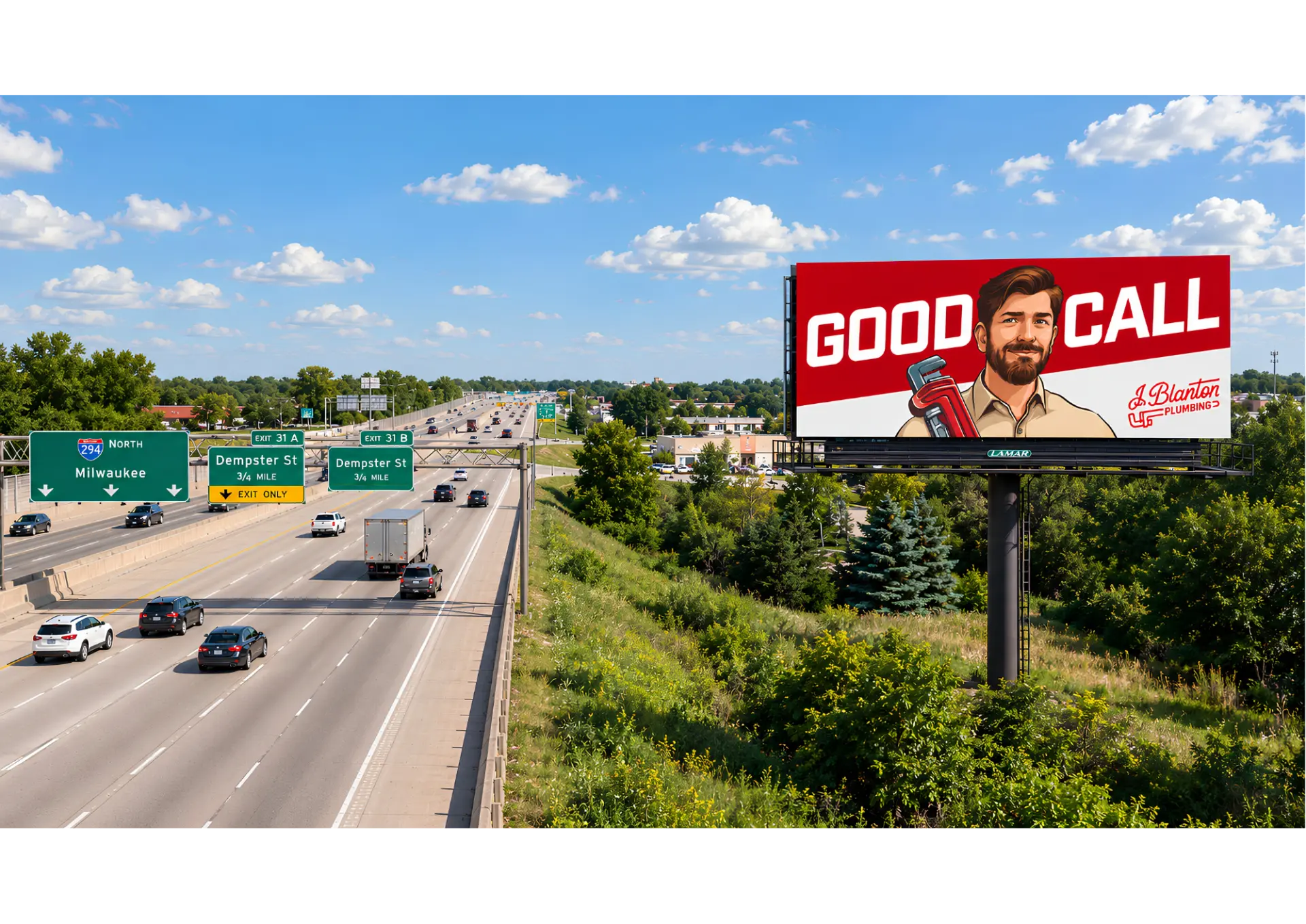 J. Blanton Plumbing 'Good Call' billboard along a Chicago-area highway