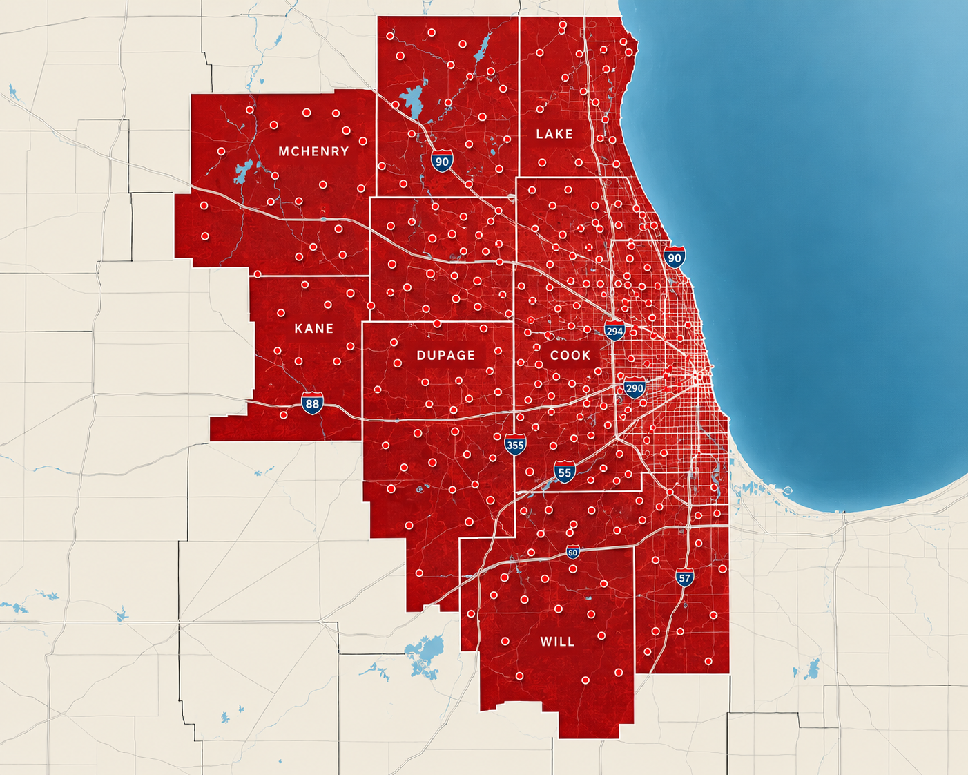 Map of the J. Blanton Plumbing service area highlighting Chicagoland counties and coverage points
