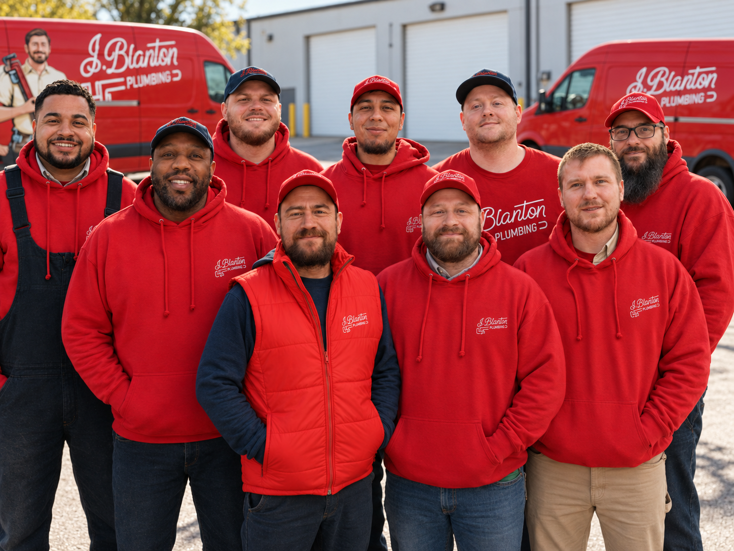Group of J. Blanton Plumbing technicians in branded red hoodies and caps standing together in front of red service vans