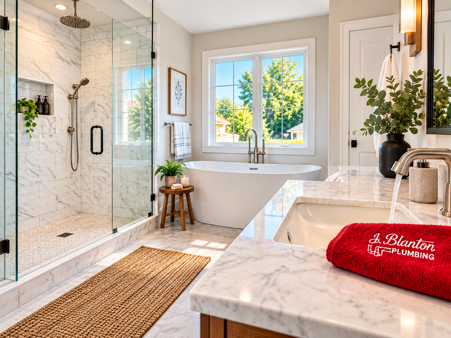 Bright, modern bathroom remodel with marble finishes, freestanding tub, glass shower, and a folded red J. Blanton Plumbing towel on the vanity