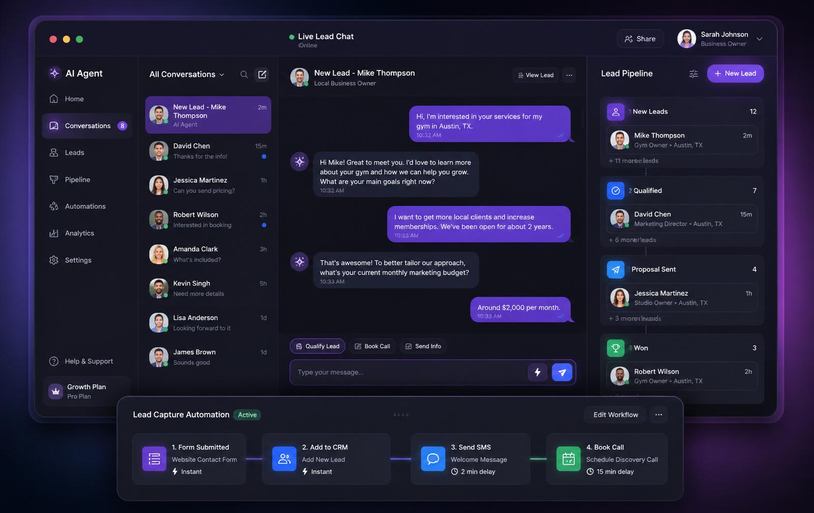 AI-powered growth operating system: chat agent qualifying leads, connected pipeline, and reporting