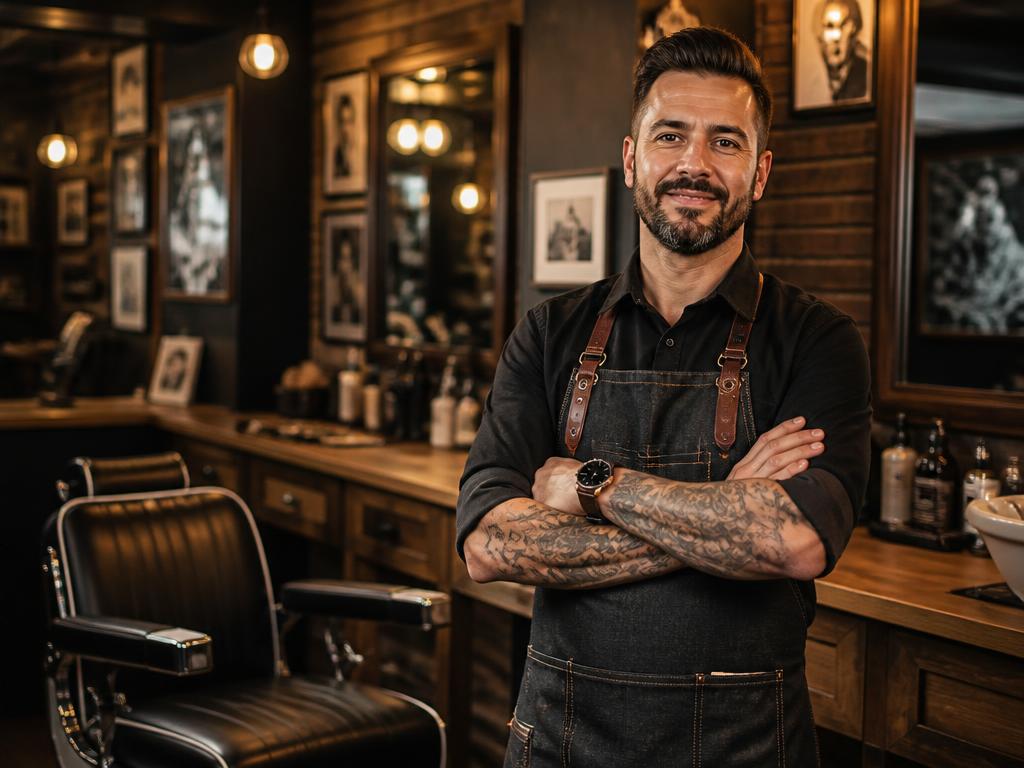 Portrait of a barber standing beside his chair in the shop