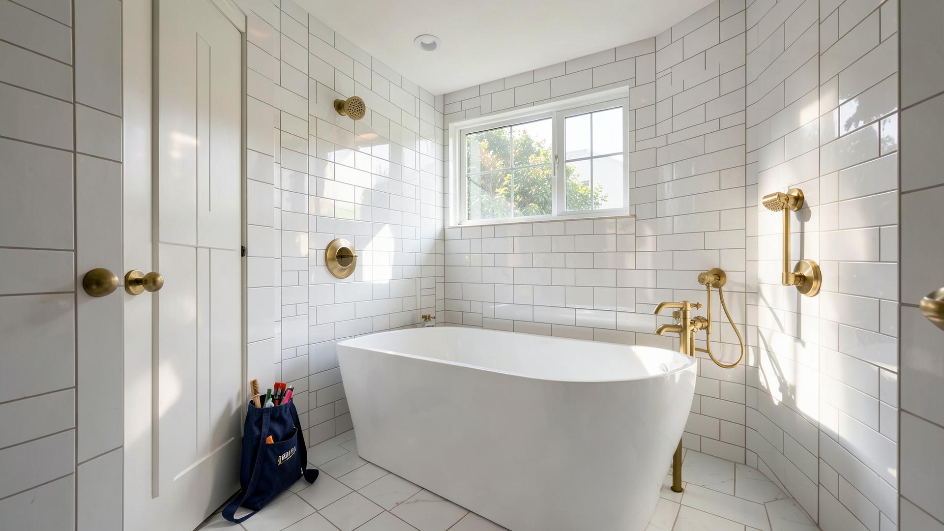 Finished bathroom renovation with brass fixtures