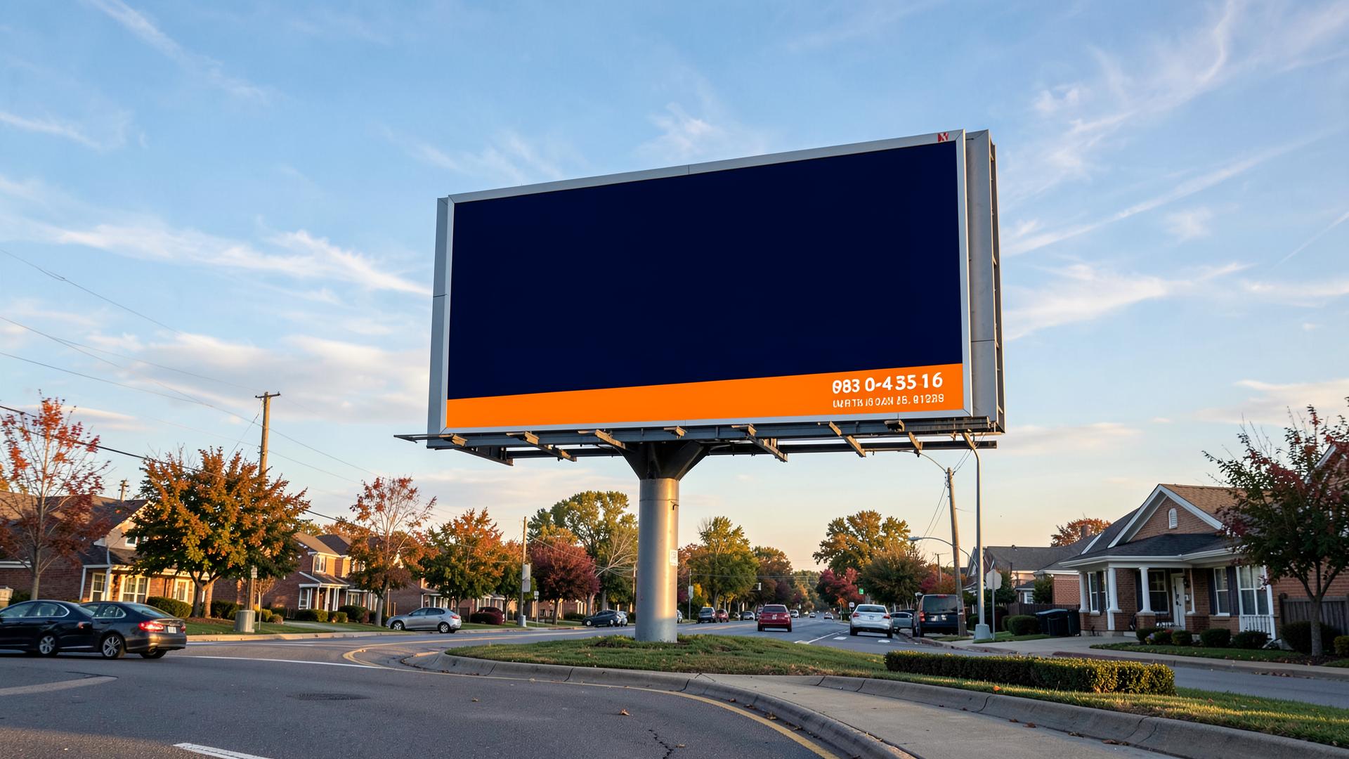 Bold navy and orange billboard above a suburban street