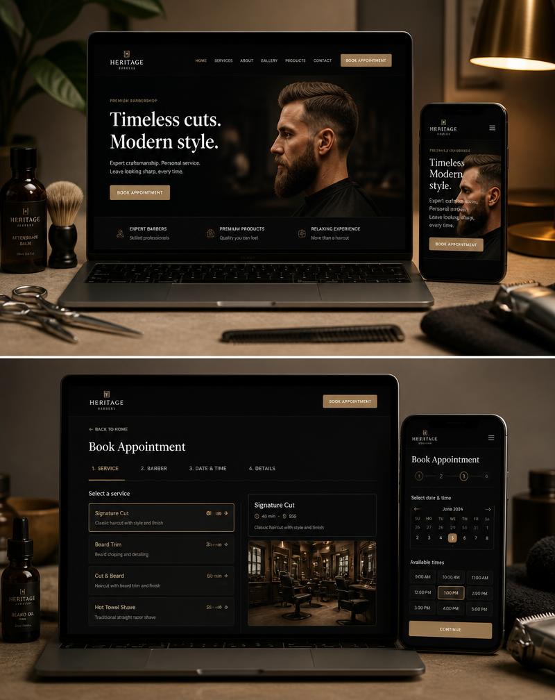 Barbershop website and mobile booking page mockup on a laptop and phone