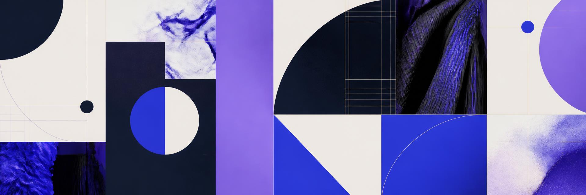 Bright graphic event brand system banner in cream, ink, violet and cobalt panels