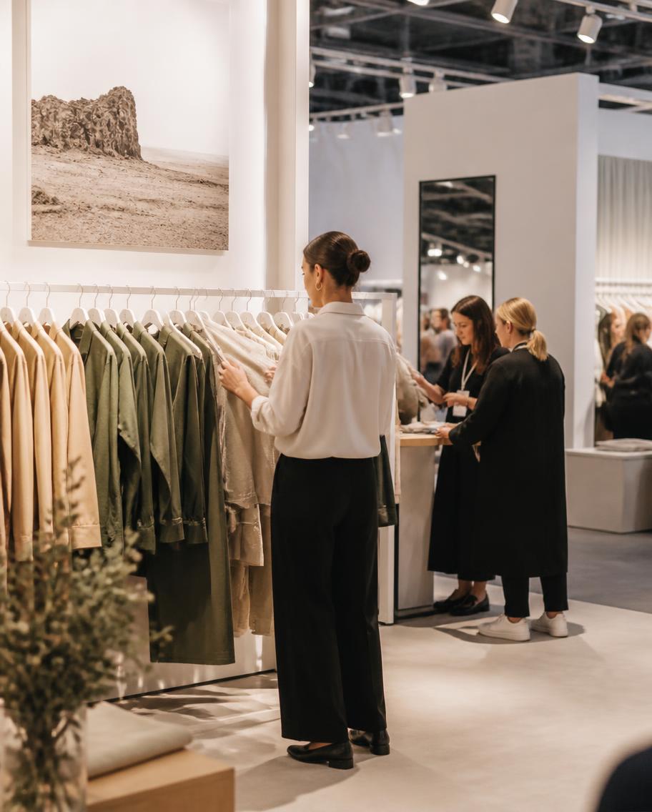 Bright fashion trade show booth with apparel racks and buyers browsing