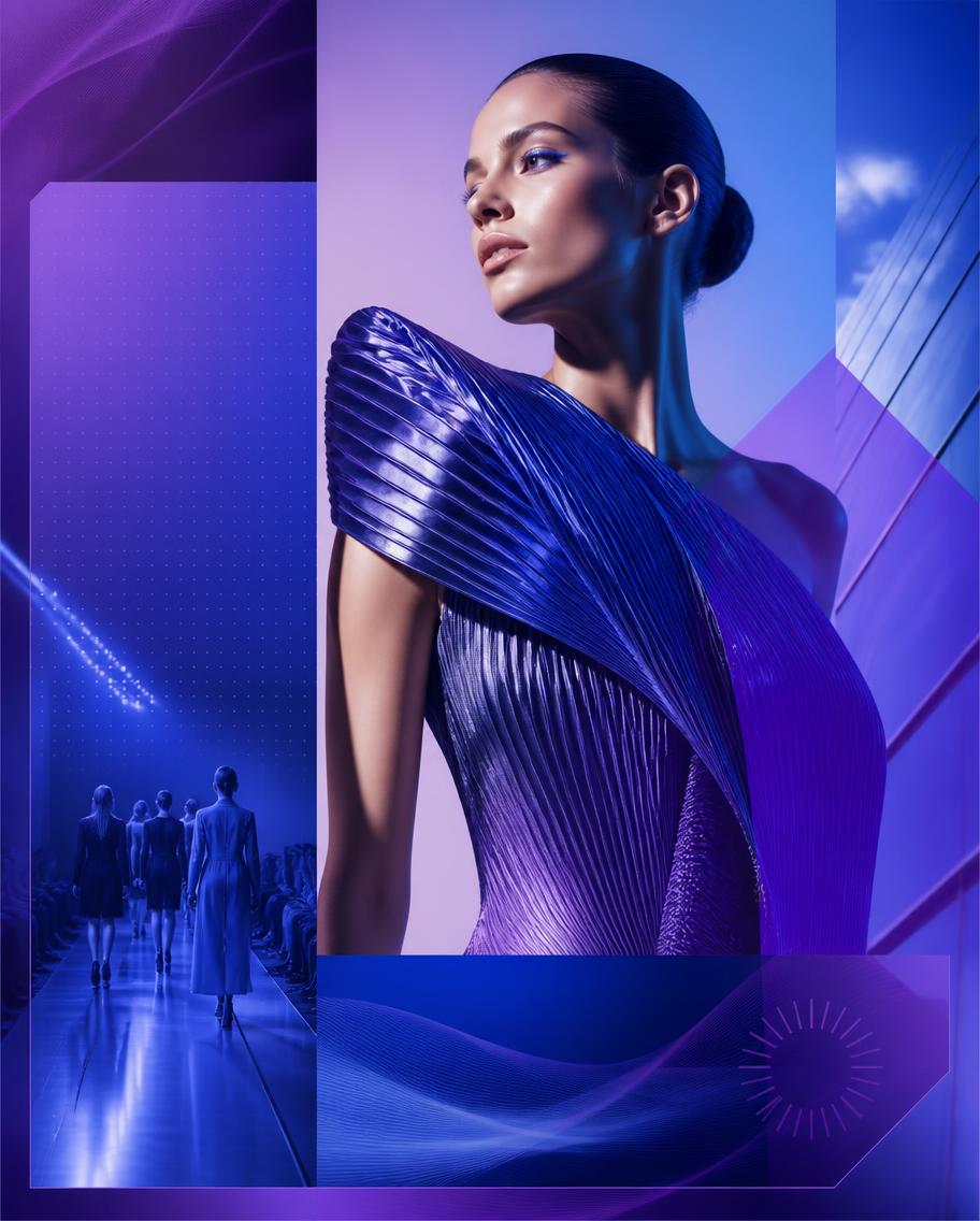 Violet and blue registration campaign creative featuring runway fashion imagery