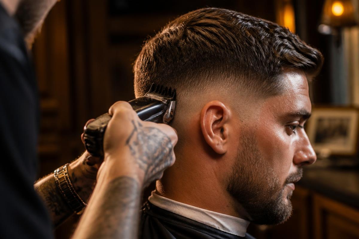 Close-up of a barber cutting a precise fade with clippers