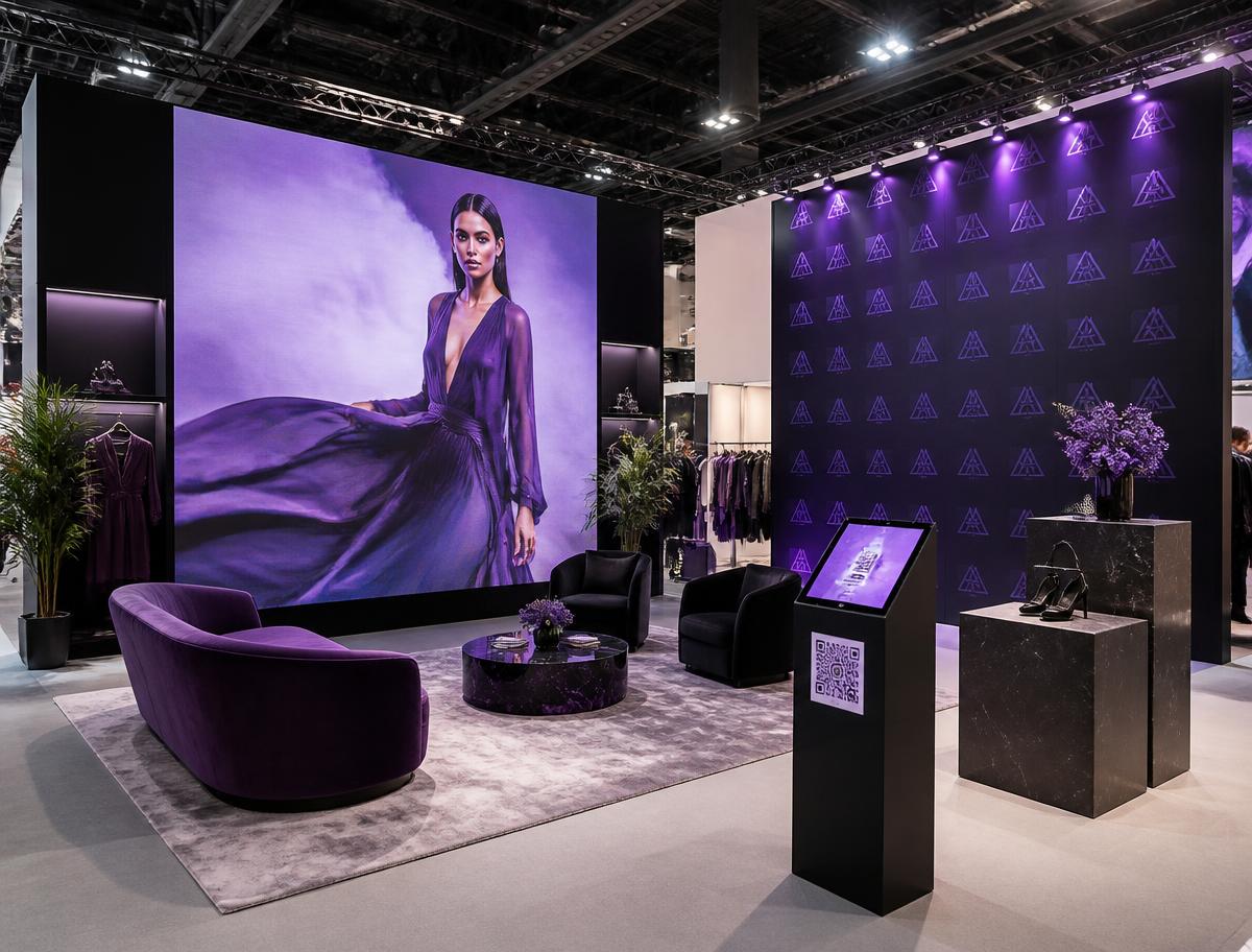 Show-floor booth with LED display, brand wall and a QR lead-capture stand