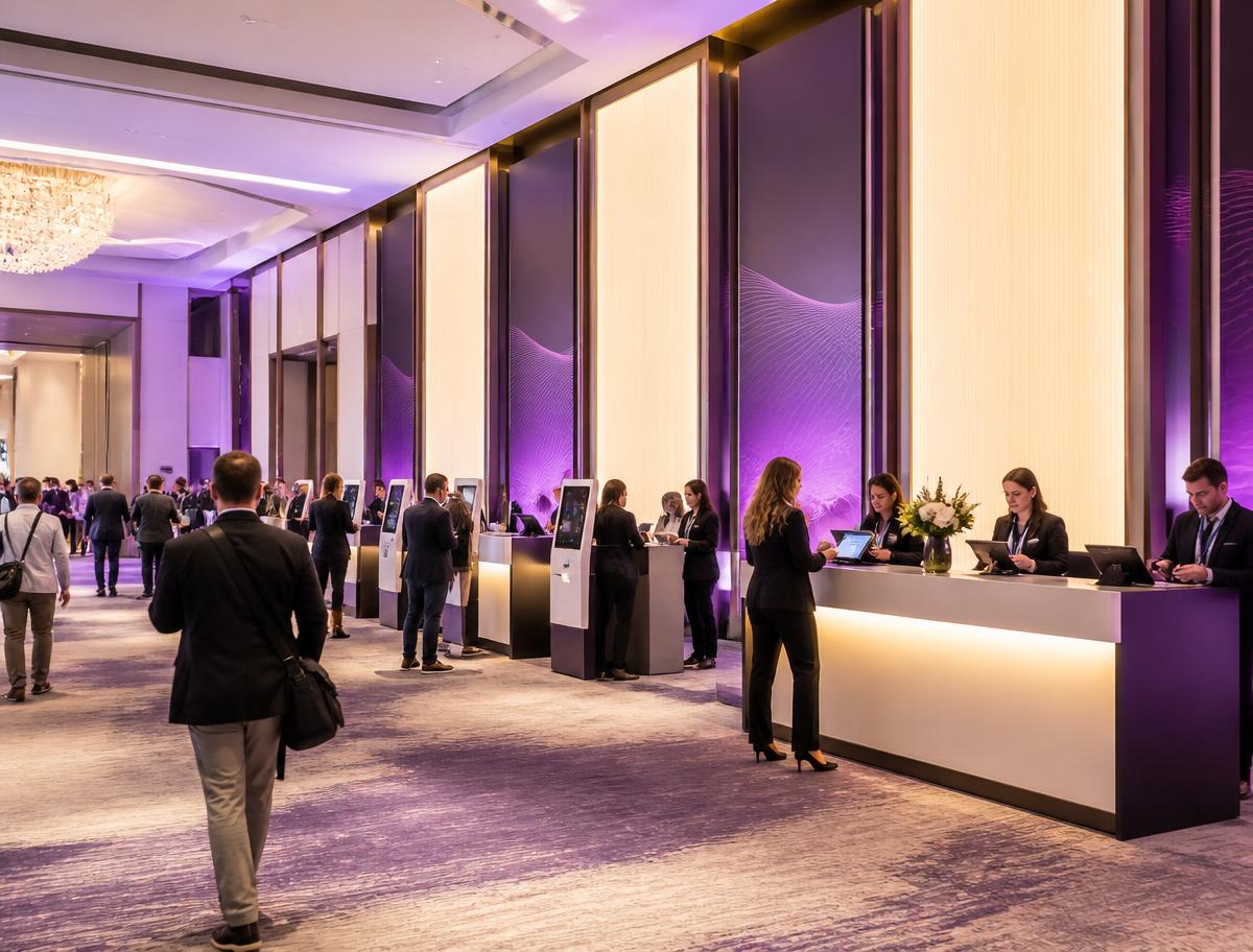 Trade show registration and entrance area with backlit signage walls and check-in desks