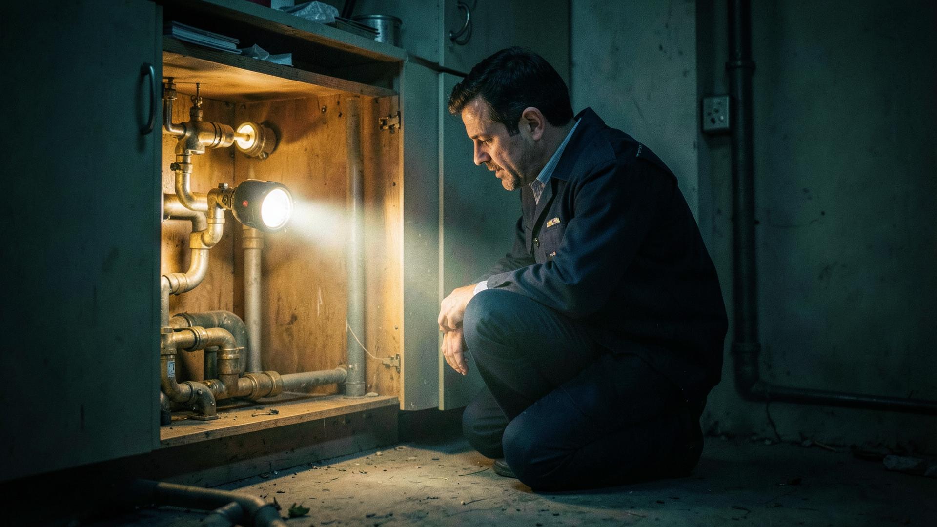 Cinematic still of a plumber inspecting pipes by flashlight