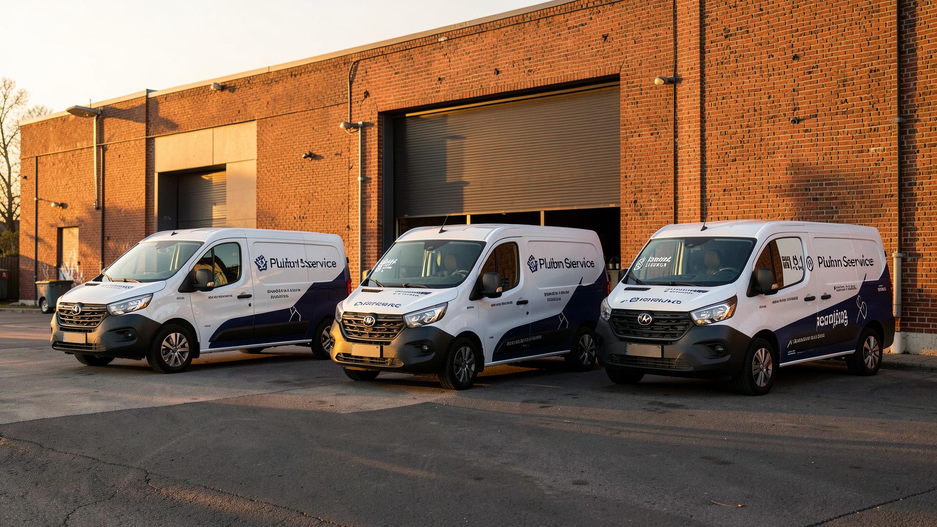 Fleet of branded plumbing vans outside the service warehouse