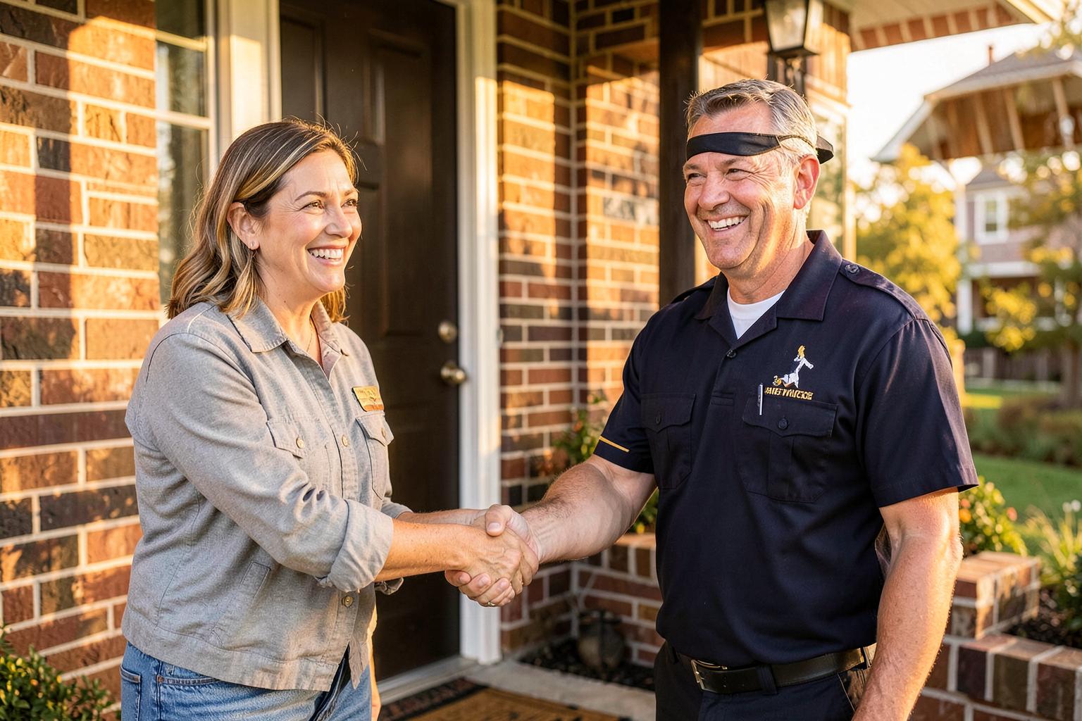 Homeowner shaking hands with a plumber at the front door