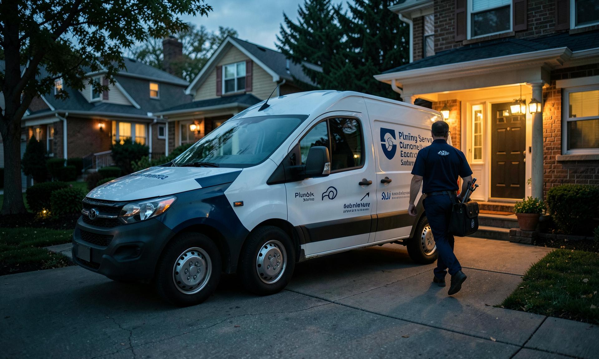 A uniformed plumber walking from a branded service van toward a suburban home at dusk