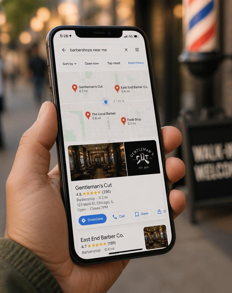Phone showing a local map search for nearby barbershops with a business profile