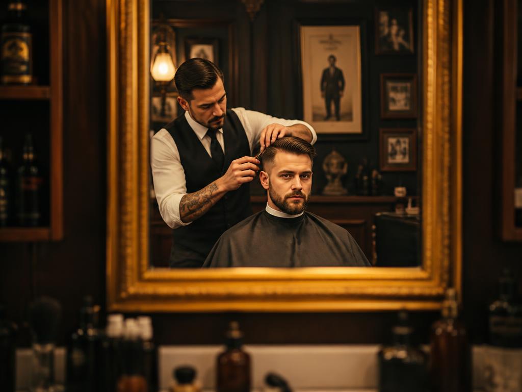 Client in the barber chair reflected in a large gold-framed mirror