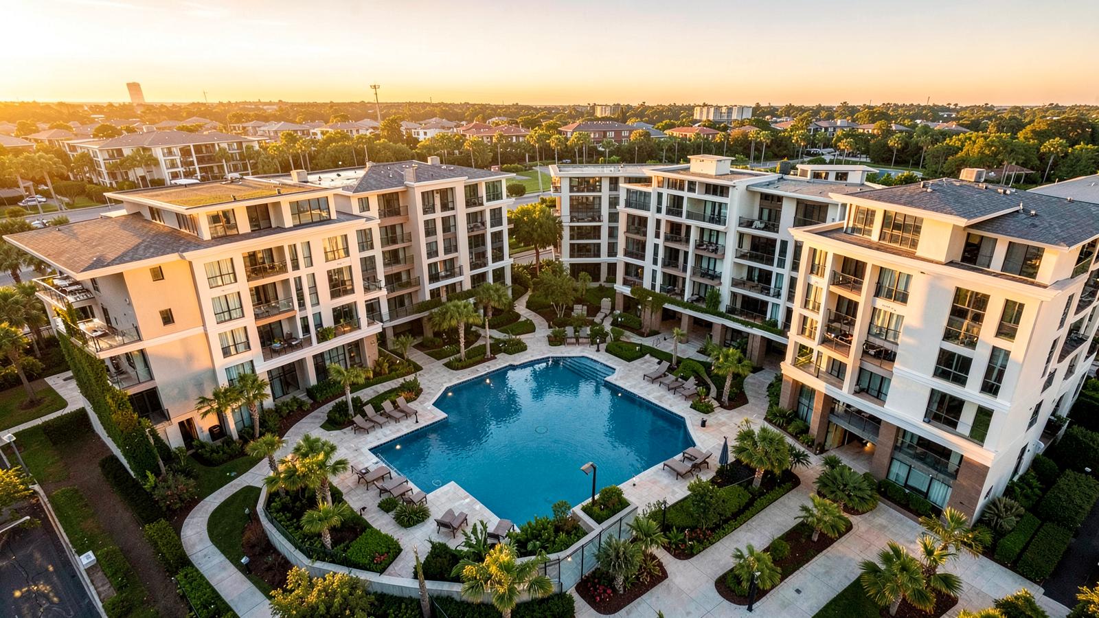 Aerial view of the community courtyard and pool at golden hour