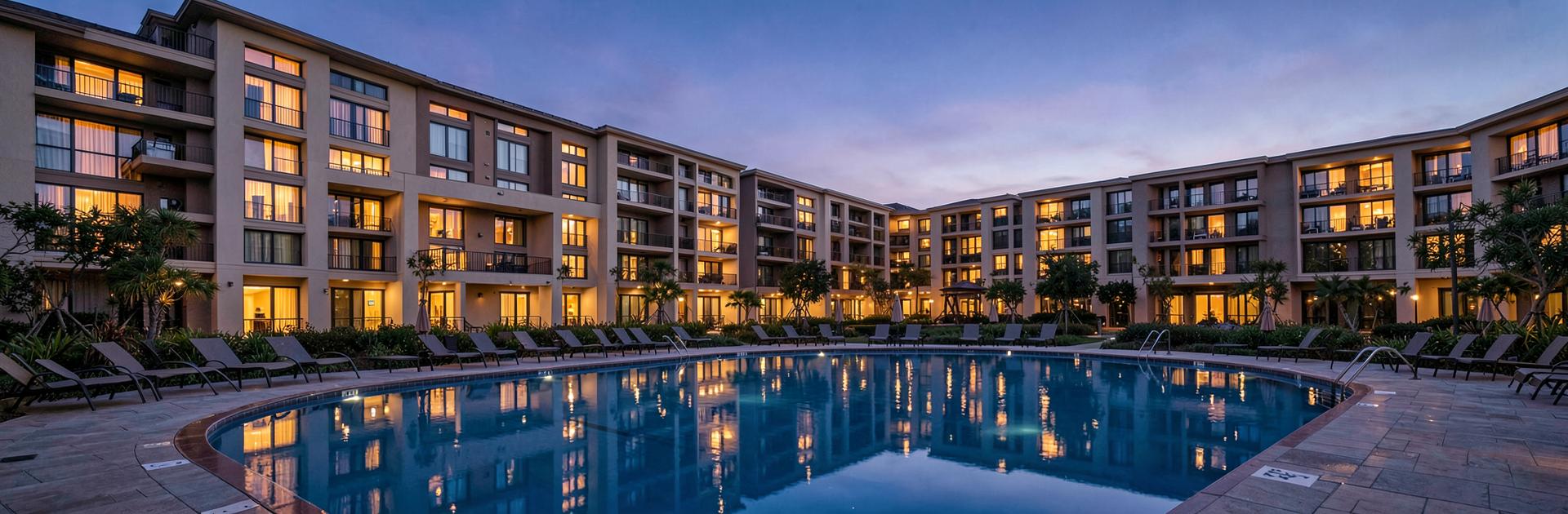 Panoramic dusk view of the community and resort pool with glowing windows
