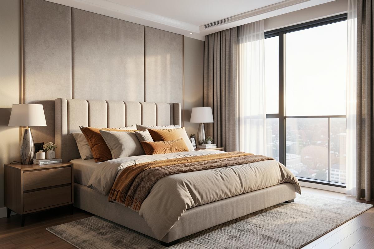 Model unit bedroom with layered neutral bedding and city view