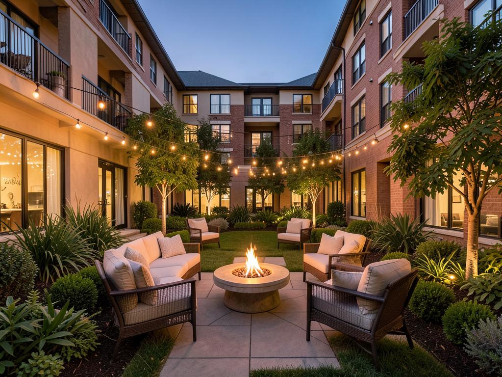Courtyard fire pit lounge with string lights at dusk