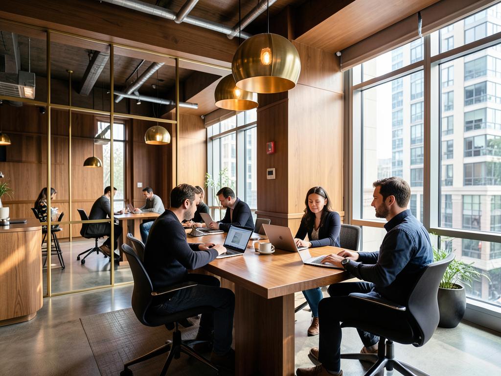 Residents working in the warm wood coworking lounge