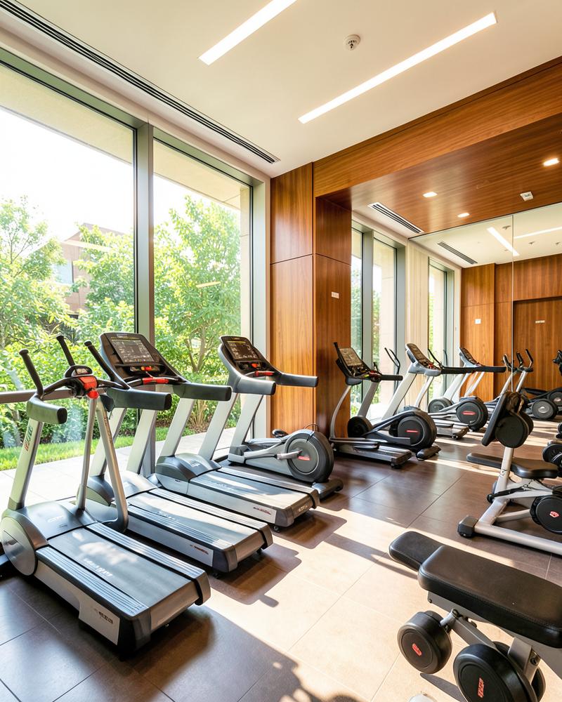 Fitness center with modern equipment and garden views