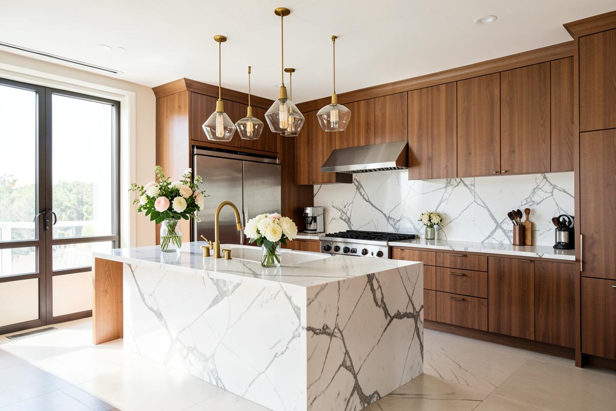 Chef's kitchen in a model unit with marble island and brass fixtures
