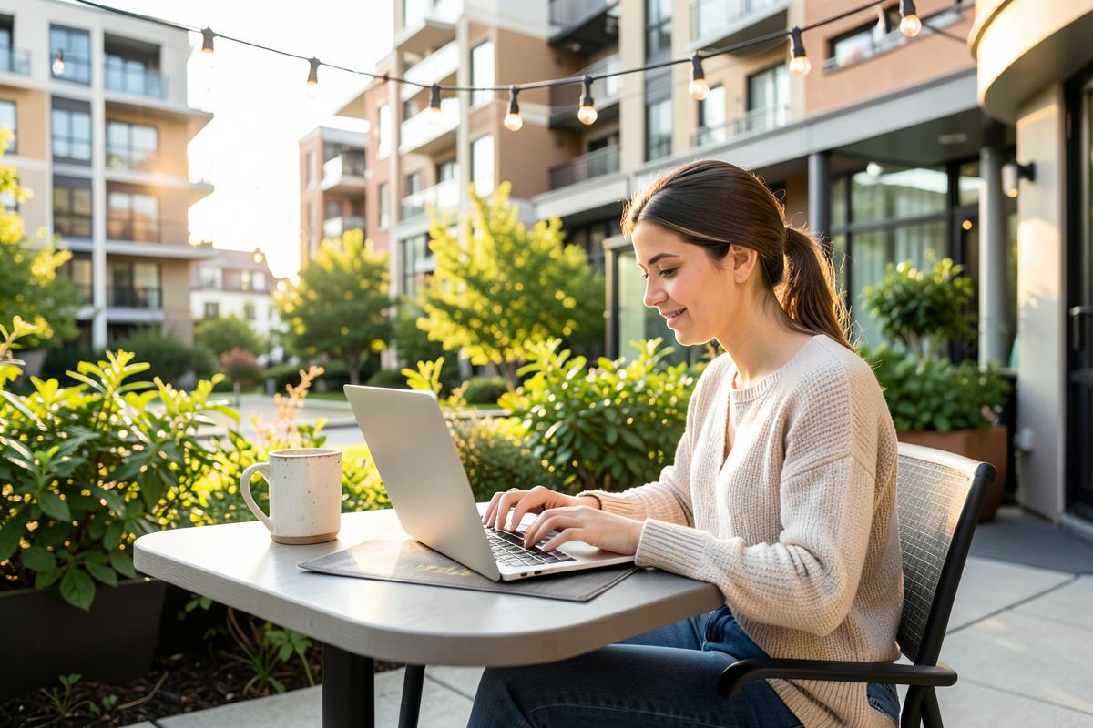 Resident working on a laptop at the outdoor community patio