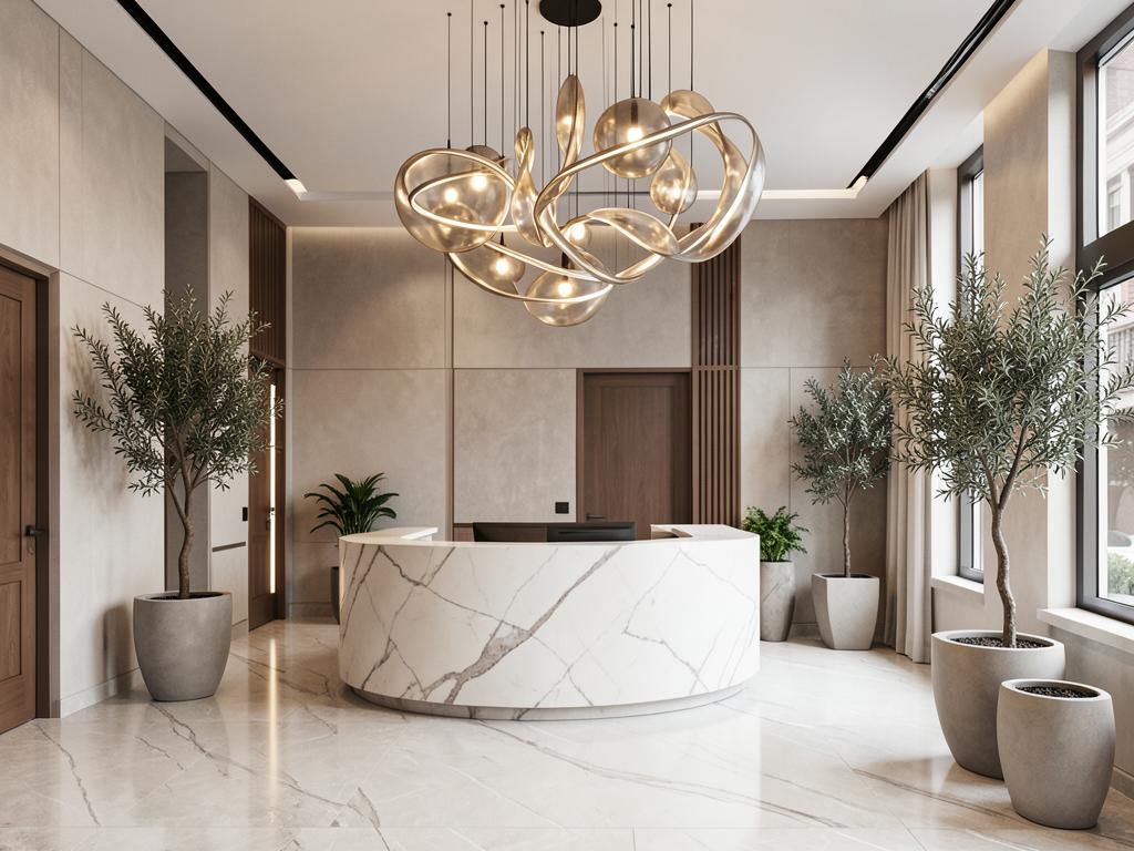 Lobby with sculptural pendant lighting and marble concierge desk