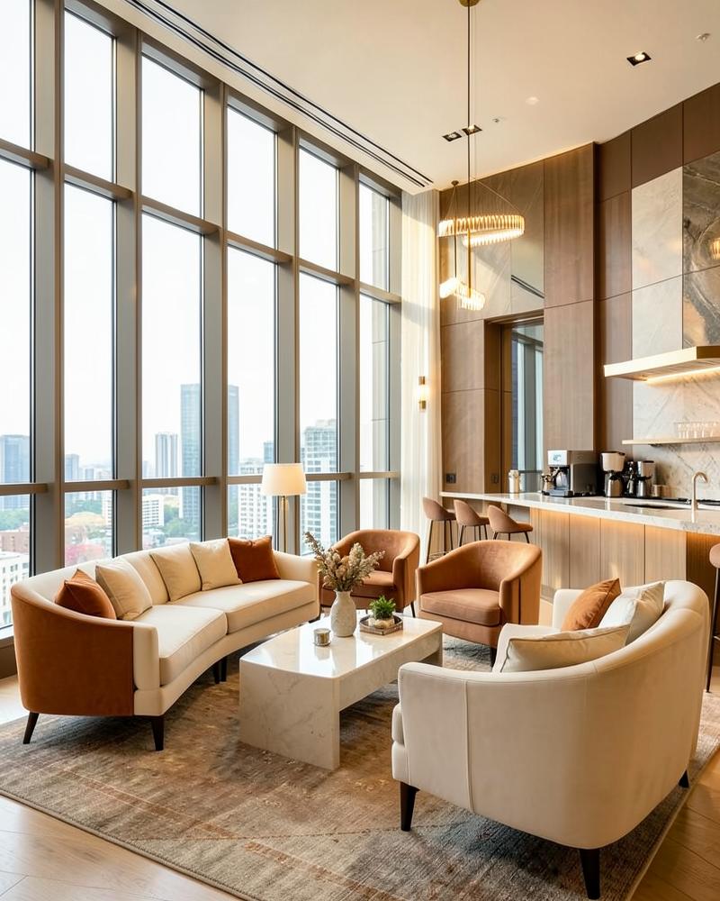 Resident lounge with floor-to-ceiling windows and coffee bar