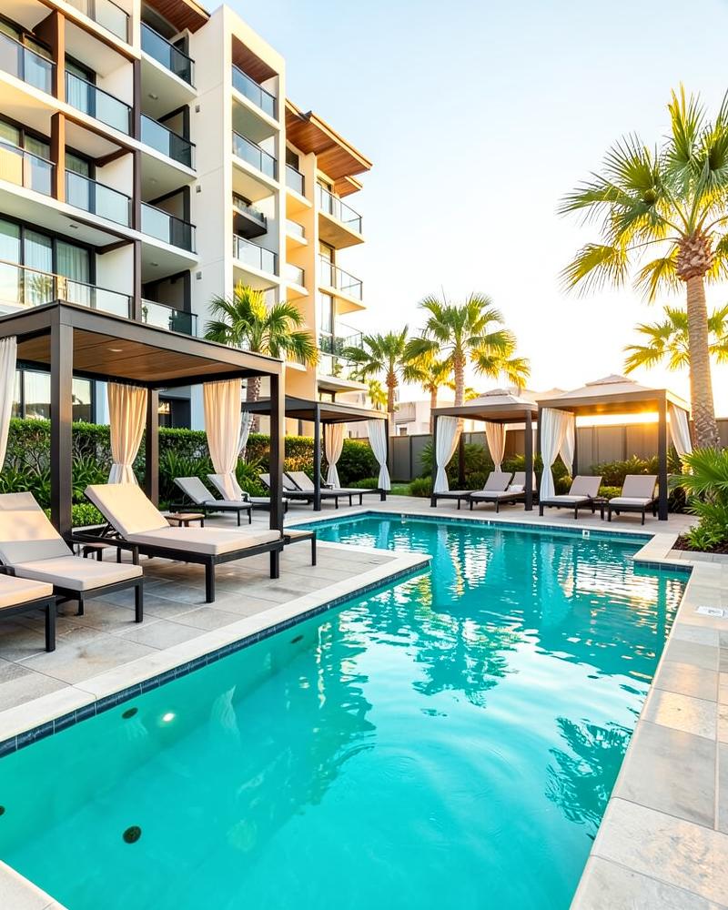 Resort-style pool deck with cabanas at The Rowan at Westfield