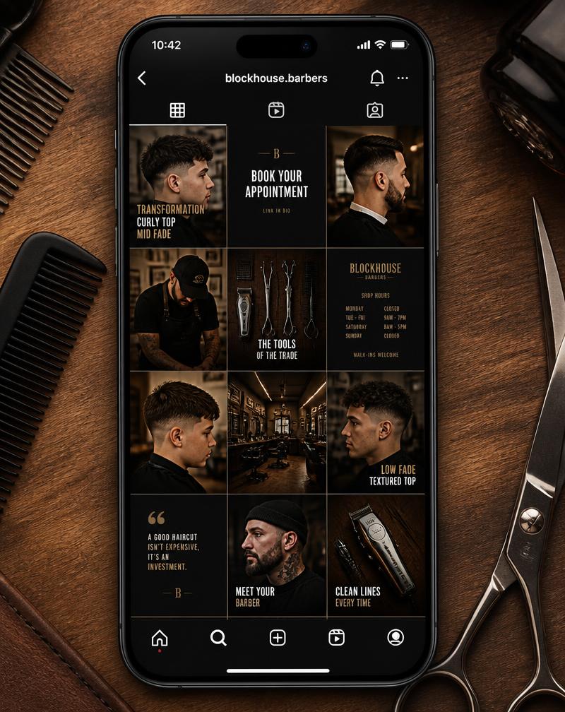 Phone showing a cohesive barbershop social content grid of cuts, tools and barbers
