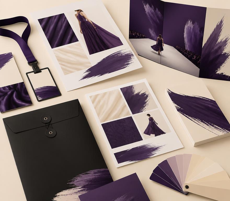 Exhibitor and sponsor toolkit flat lay with printed brand sheets, lanyard and swatch fan