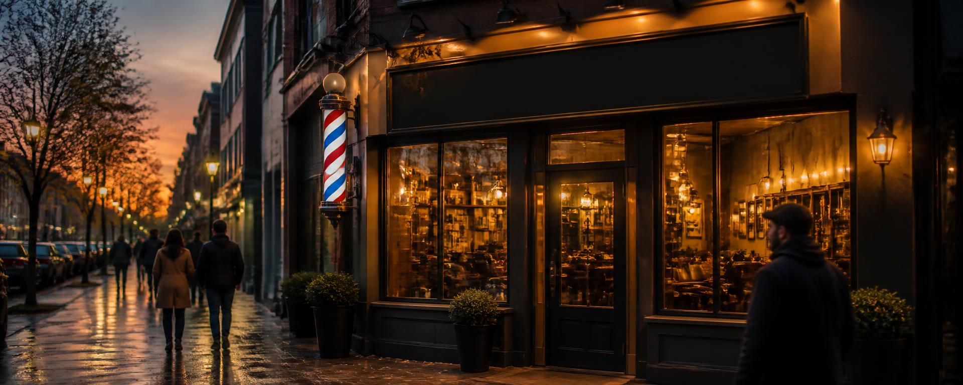Barbershop storefront glowing at dusk on a neighborhood street