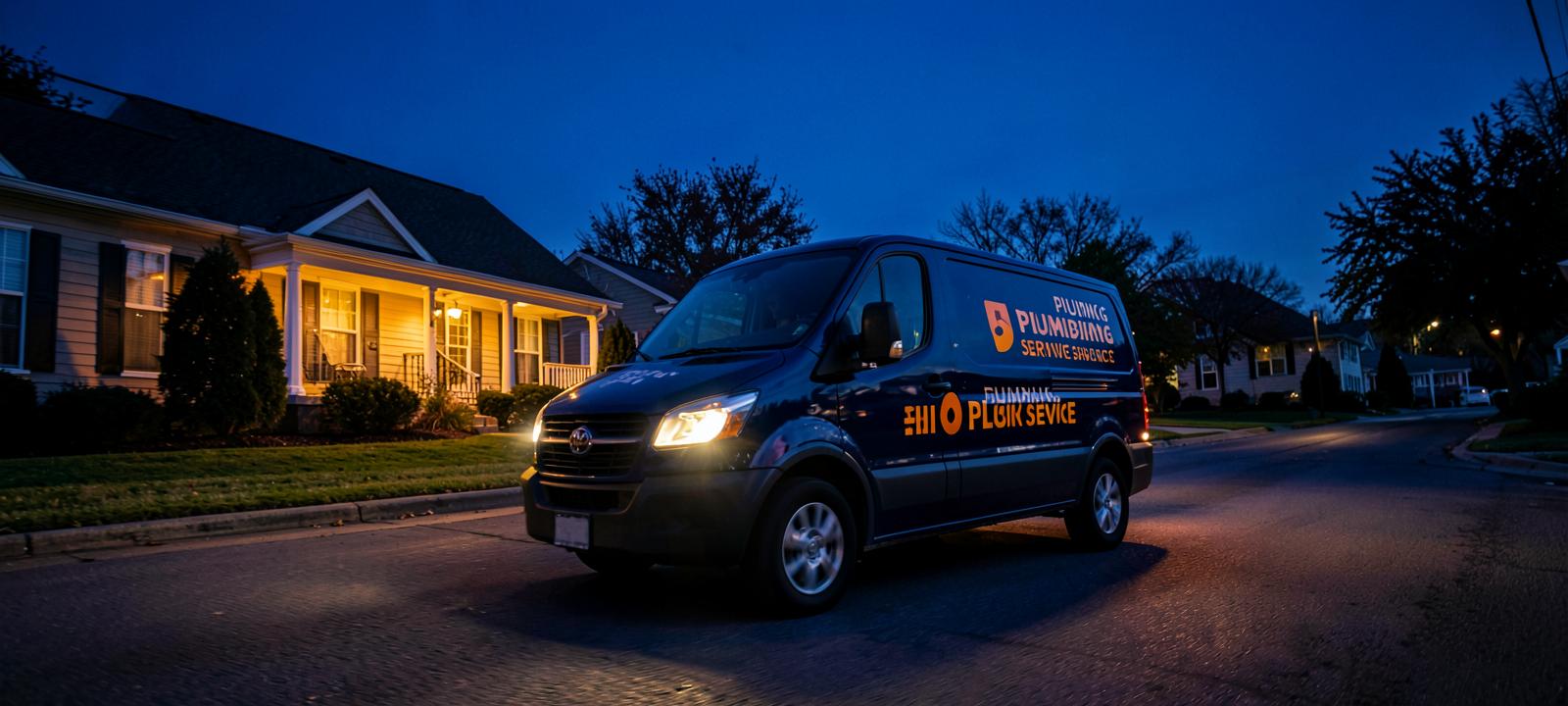 Branded service van on a suburban street at dusk, porch lights glowing