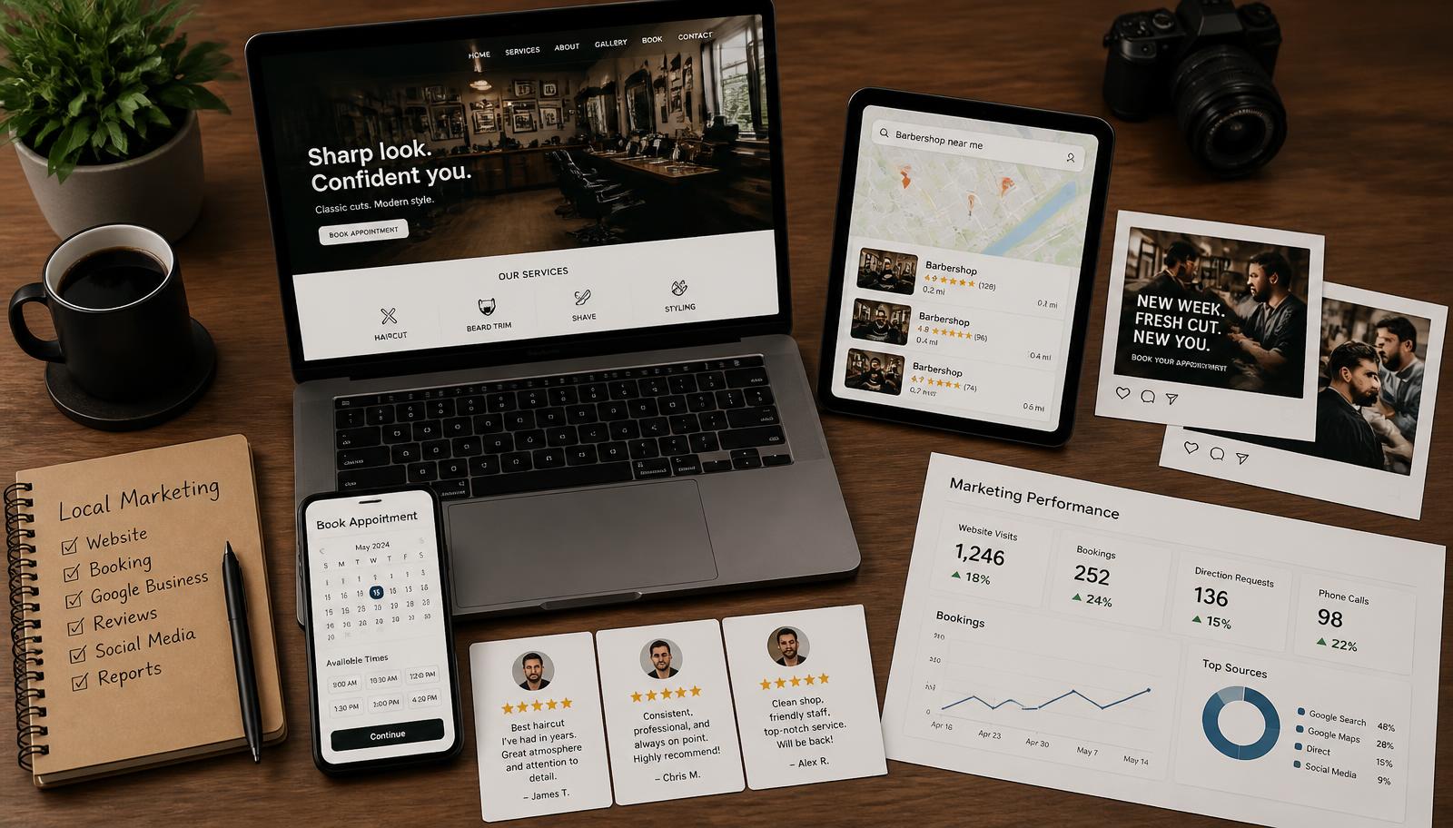Connected local marketing system: website, booking, local search, social content, reviews and reporting