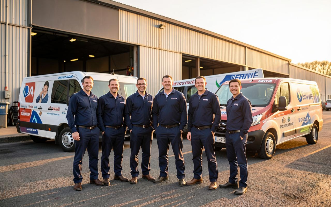 The uniformed team in front of branded vans at the warehouse