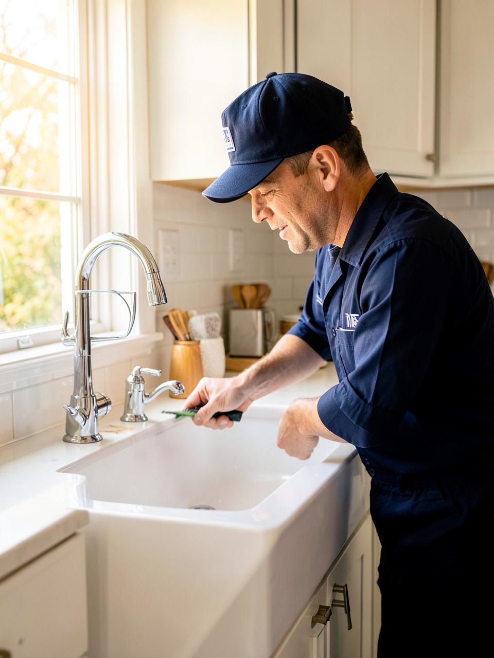 Plumber repairing a farmhouse kitchen faucet