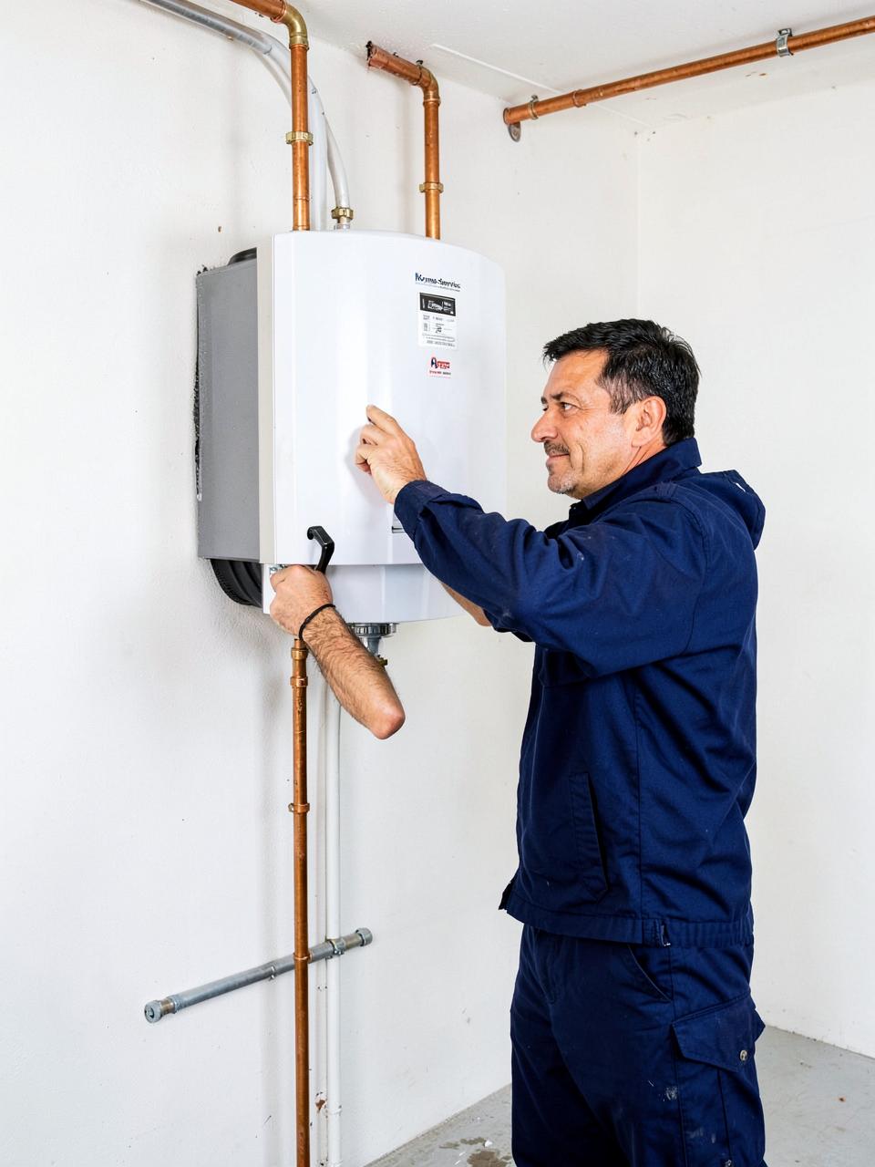 Technician installing a tankless water heater