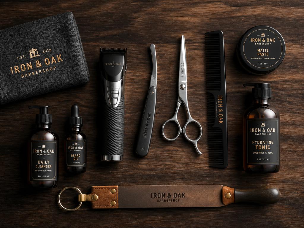 Flat lay of barber tools: clippers, straight razor, shears, comb and grooming bottles