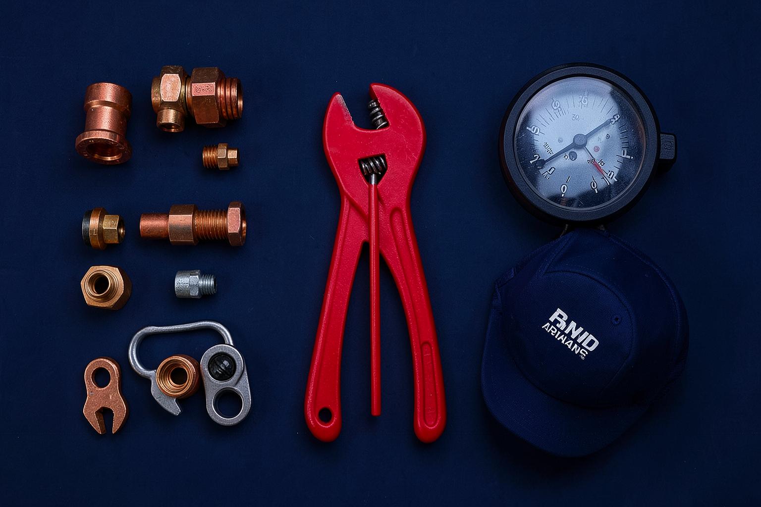Flat-lay of plumbing tools and branded cap on navy